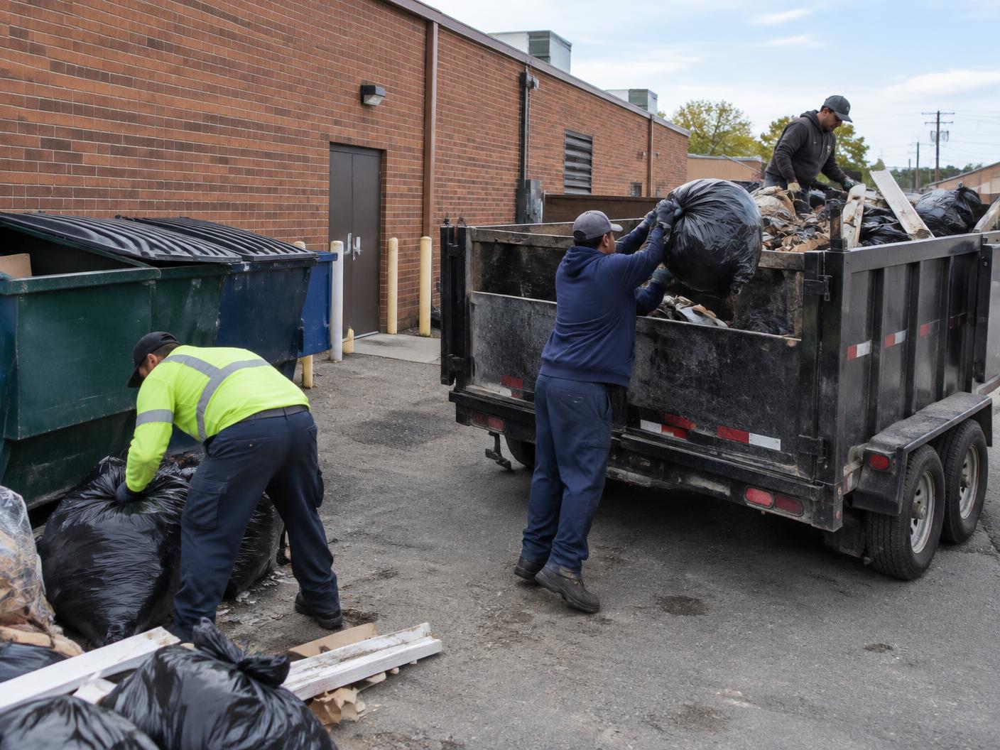 Workers loading commercial trash bags into a dump trailer behind a retail building